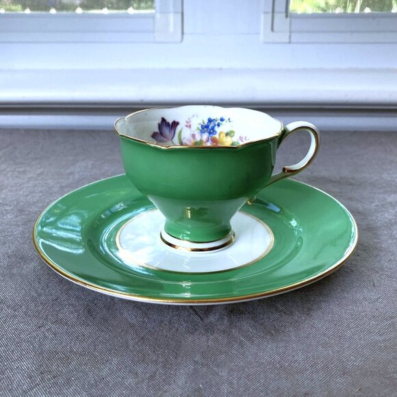 Paragon Double Warrant Teacup & Dessert Plate – Green w/ Floral, Gold Trim - Picture 1 of 16